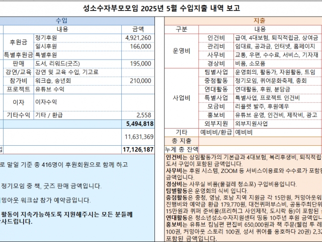 2025년 5월 수입지출내역 보고