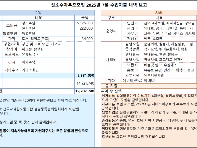 2025년 7월 수입지출내역 보고