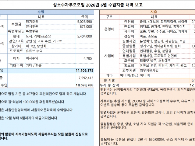 2026년 6월 수입지출내역 보고