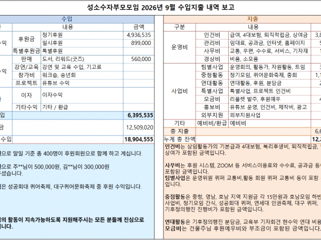2026년 9월 수입지출내역 보고